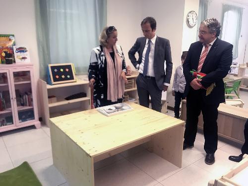 Il governatore del Friuli Venezia Giulia, Massimiliano Fedriga, visita la nuova scuola di Spilimbergo "1.618 Sezione Aurea" che utilizzerà quale strumento formativo il metodo Montessori